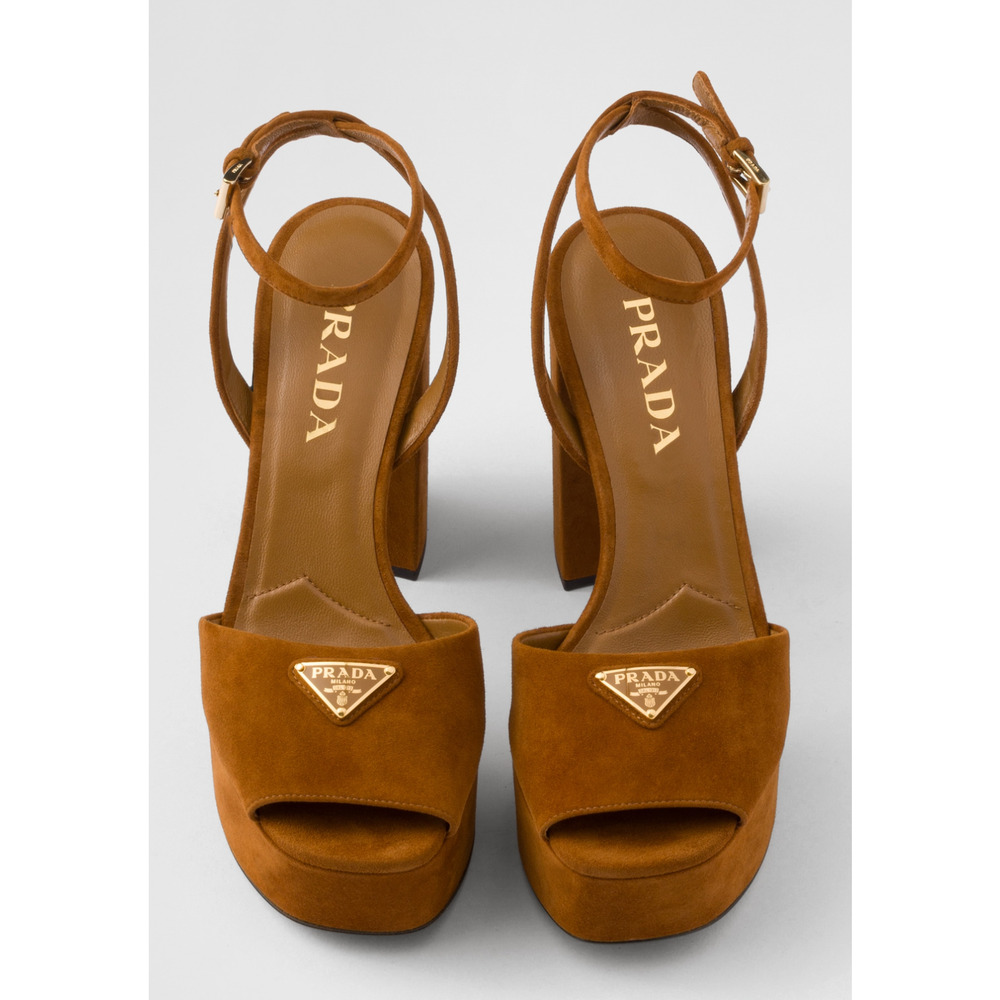 Prada 115mm Cognac Brown Suede Platform Sandal Ankle Strap Block Heel Pump 38.5 - Picture 9 of 16